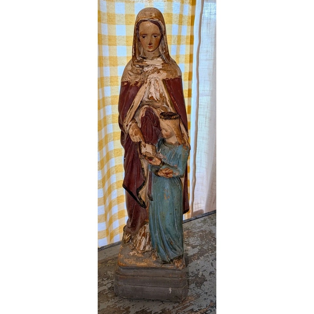 Antique Estate Polychrome Saint Anne & Mary Chalkware 21.5" Tall Large Statue